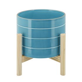 8" STRIPED PLANTER W/ WOOD STAND, SKYBLUE