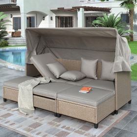 4 Piece UV-Proof Resin Wicker Patio Sofa Set with Retractable Canopy, Cushions and Lifting Table