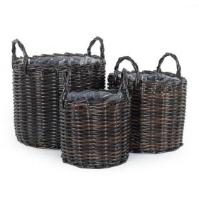 Set of 3 Multi-purposes Basket with handler - Hand Woven Wicker - Espresso