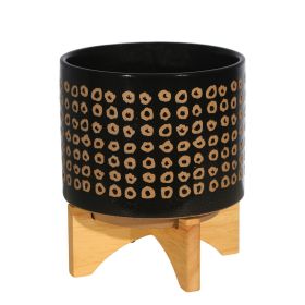 9 Inch Ceramic Round Planter, Wood Stand, Circular Pattern, Medium, Black