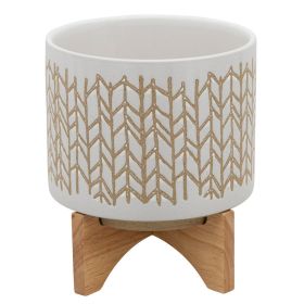 Planter with Chevron Pattern and Wooden Stand, Large, Off White