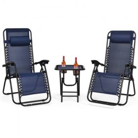 Pool Garden Patio Portable Zero Gravity Folding Reclining Lounge Chairs Table 3 Pieces Set (Type: Chaise Lounge, Color: Navy)