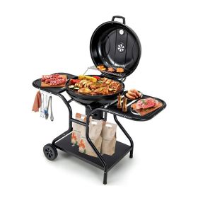 Outdoor BBQ Charcoal Grill with Bottom Storage Shelf (Color: Black, size: 22-Inch)