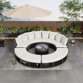 Outdoor Patio Furniture Luxury Circular Outdoor Sofa Set Rattan Wicker Sectional Sofa Lounge Set with Tempered Glass Coffee Table, 6 Pillows (Color: Beige)